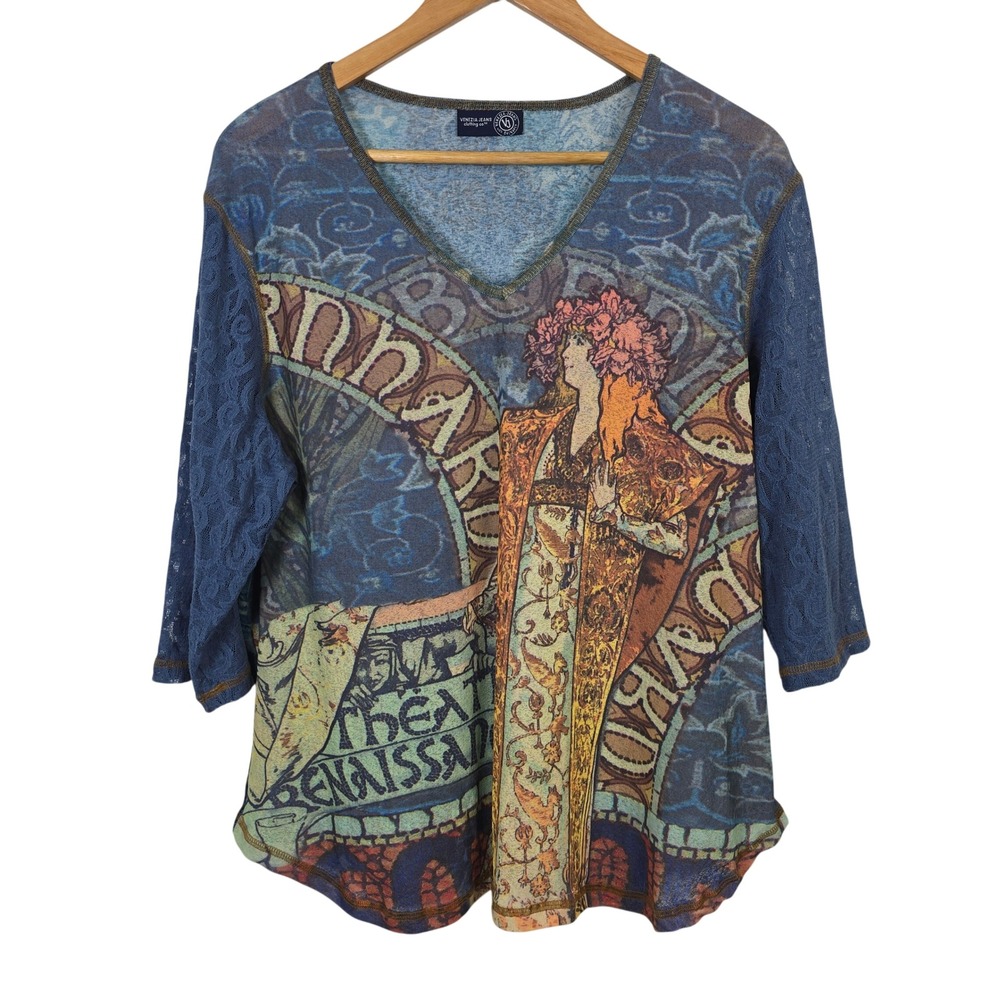 Venezia Jeans Art Nouveau Theatre Renaissance Mucha Lace Sleeve V-Neck Top Blue